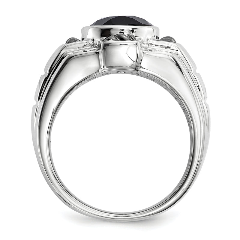 Sterling Silver White Night Black Rhodium Plated Diamond And Onyx Oval Men'S Ring