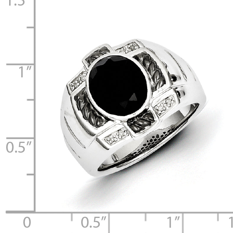 Sterling Silver White Night Black Rhodium Plated Diamond And Onyx Oval Men'S Ring
