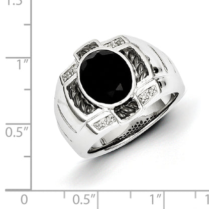 Sterling Silver White Night Black Rhodium Plated Diamond And Onyx Oval Men'S Ring