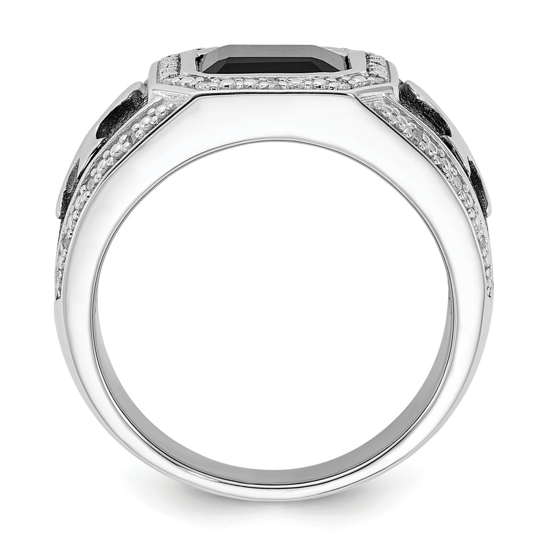 Sterling Silver White Night Black Rhodium Plated Diamond And Onyx Cross Men'S Ring