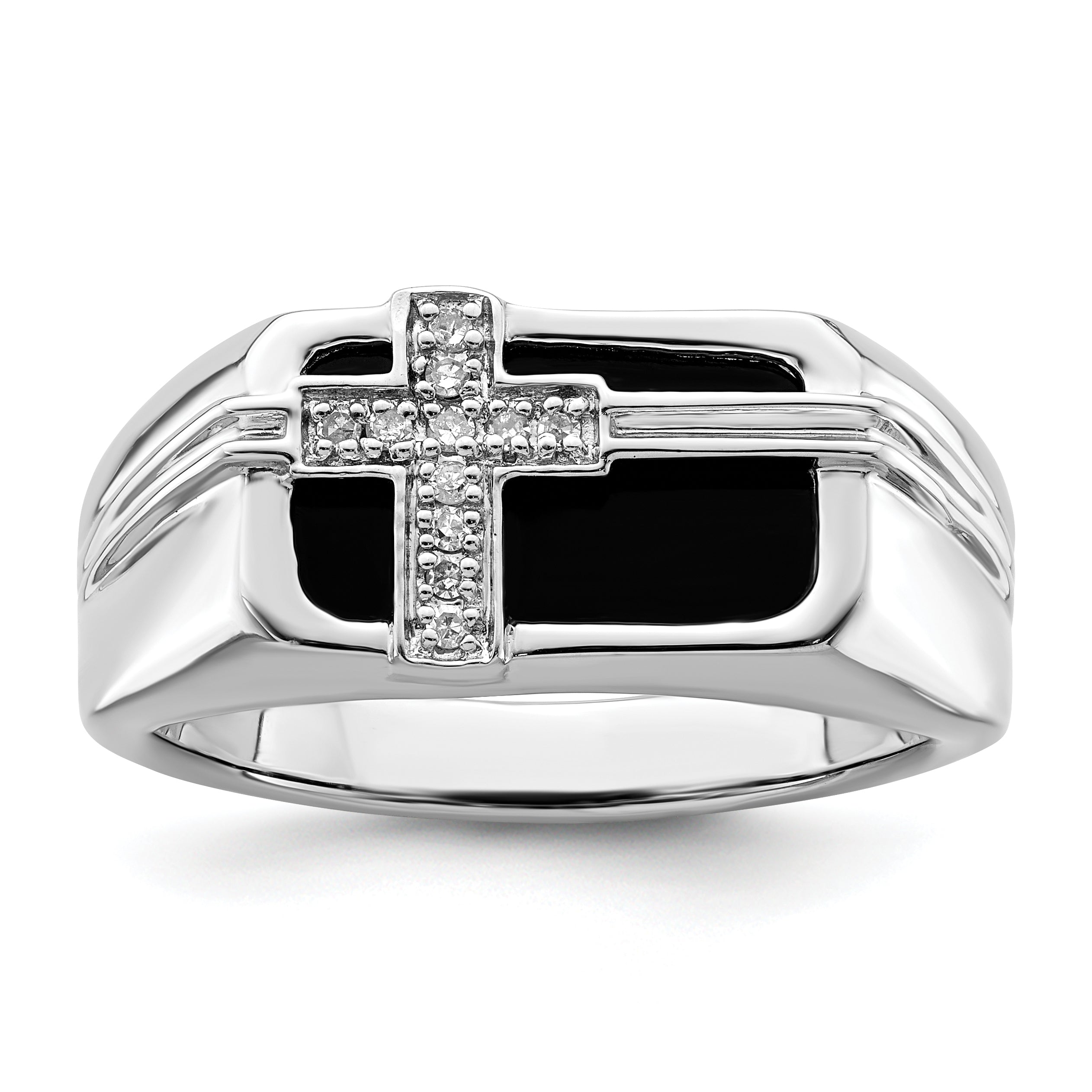 Sterling Silver White Night Rhodium Plated Diamond And Black Onyx Cross Men'S Ring