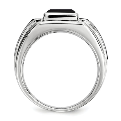 Sterling Silver White Night Rhodium Plated Diamond And Onyx Men'S Ring