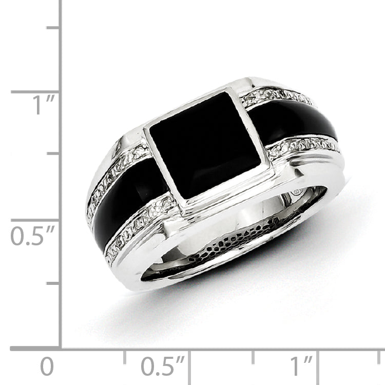 Sterling Silver White Night Rhodium Plated Diamond And Onyx Men'S Ring