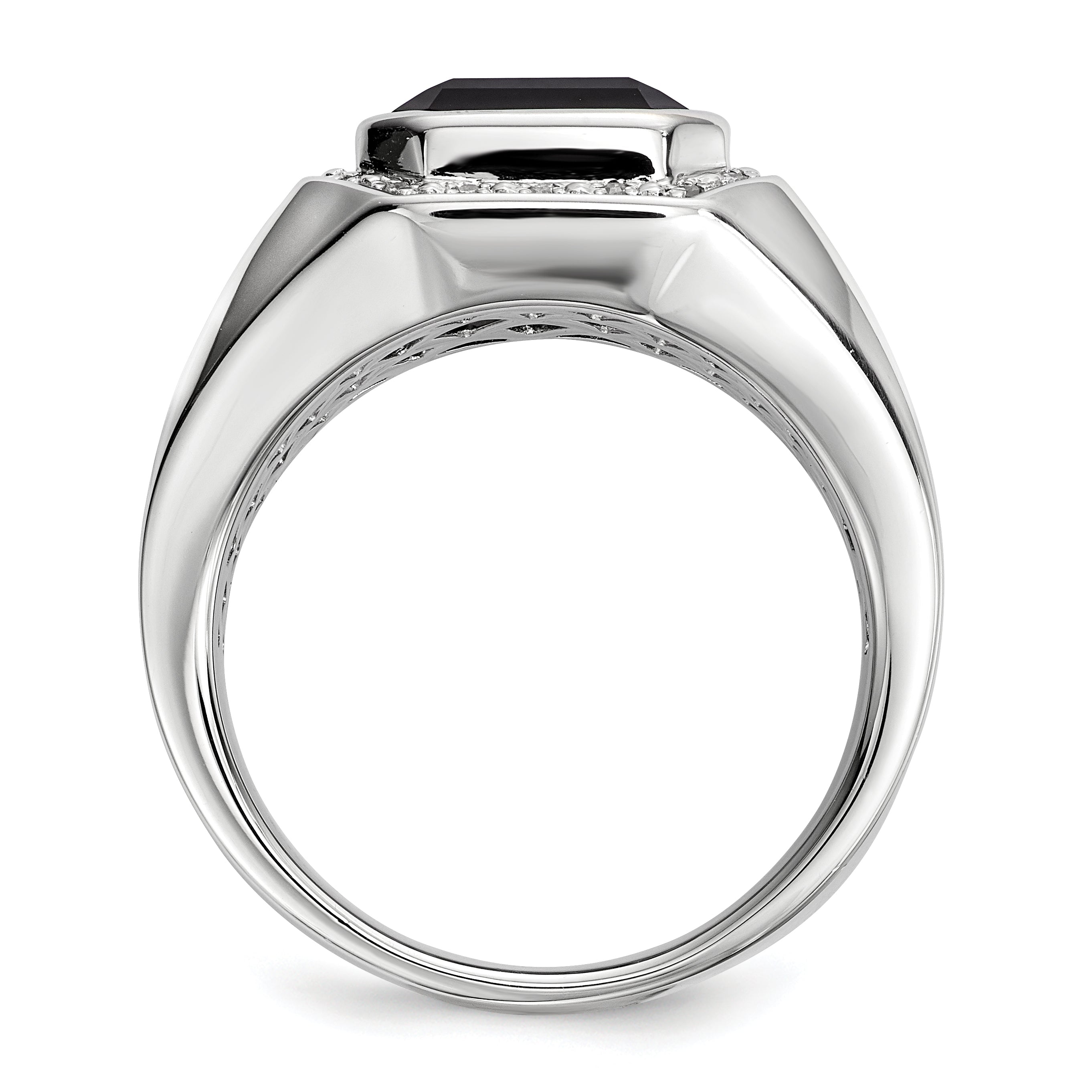 Sterling Silver White Night Rhodium Plated Diamond And Black Onyx Square Men'S Ring