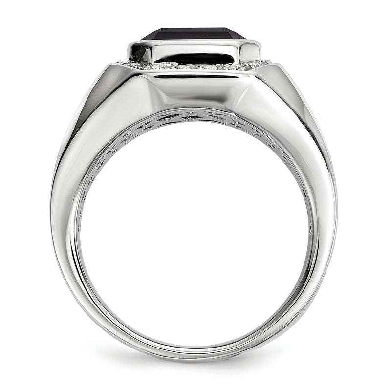 Sterling Silver White Night Rhodium Plated Diamond And Black Onyx Square Men'S Ring