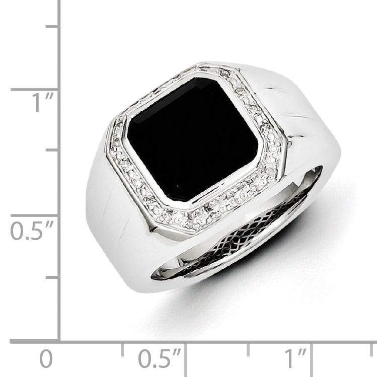 Sterling Silver White Night Rhodium Plated Diamond And Black Onyx Square Men'S Ring