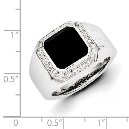 Sterling Silver White Night Rhodium Plated Diamond And Black Onyx Square Men'S Ring