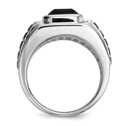 Sterling Silver White Night Black Rhodium Plated Diamond And Onyx Square Men'S Ring