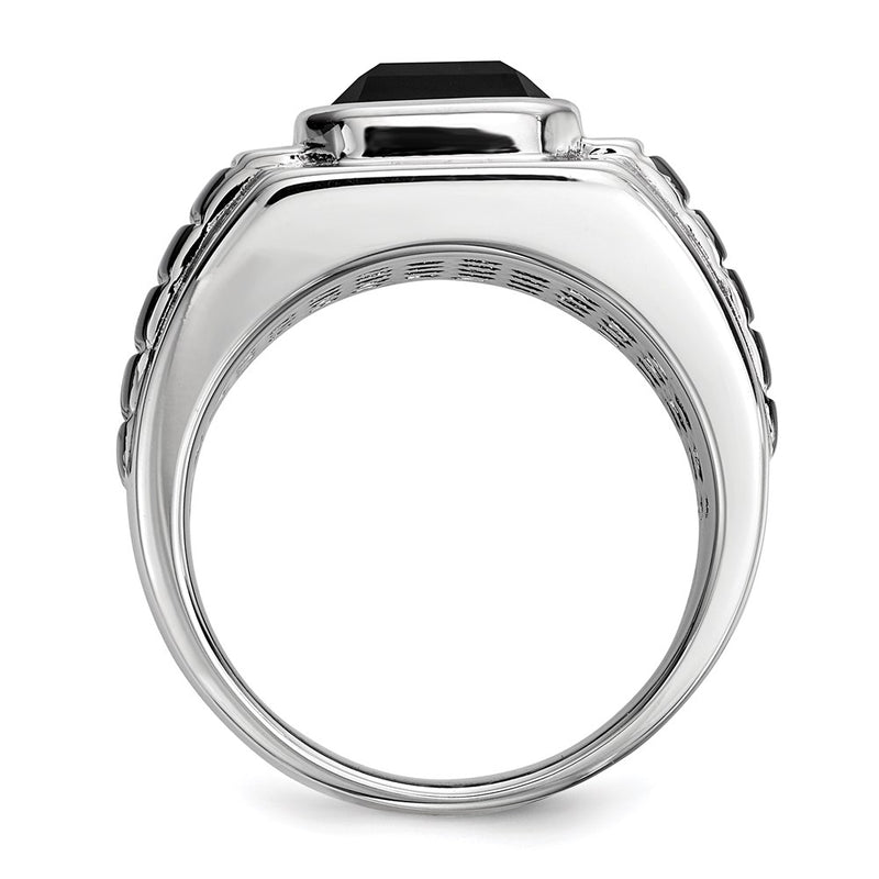 Sterling Silver White Night Black Rhodium Plated Diamond And Onyx Square Men'S Ring