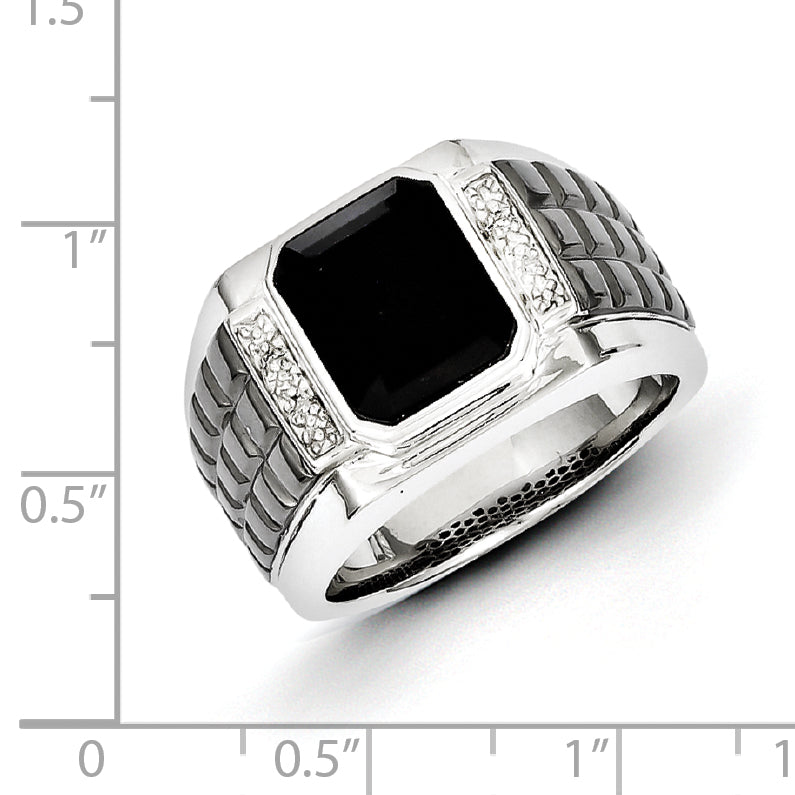 Sterling Silver White Night Black Rhodium Plated Diamond And Onyx Square Men'S Ring