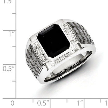 Sterling Silver White Night Black Rhodium Plated Diamond And Onyx Square Men'S Ring