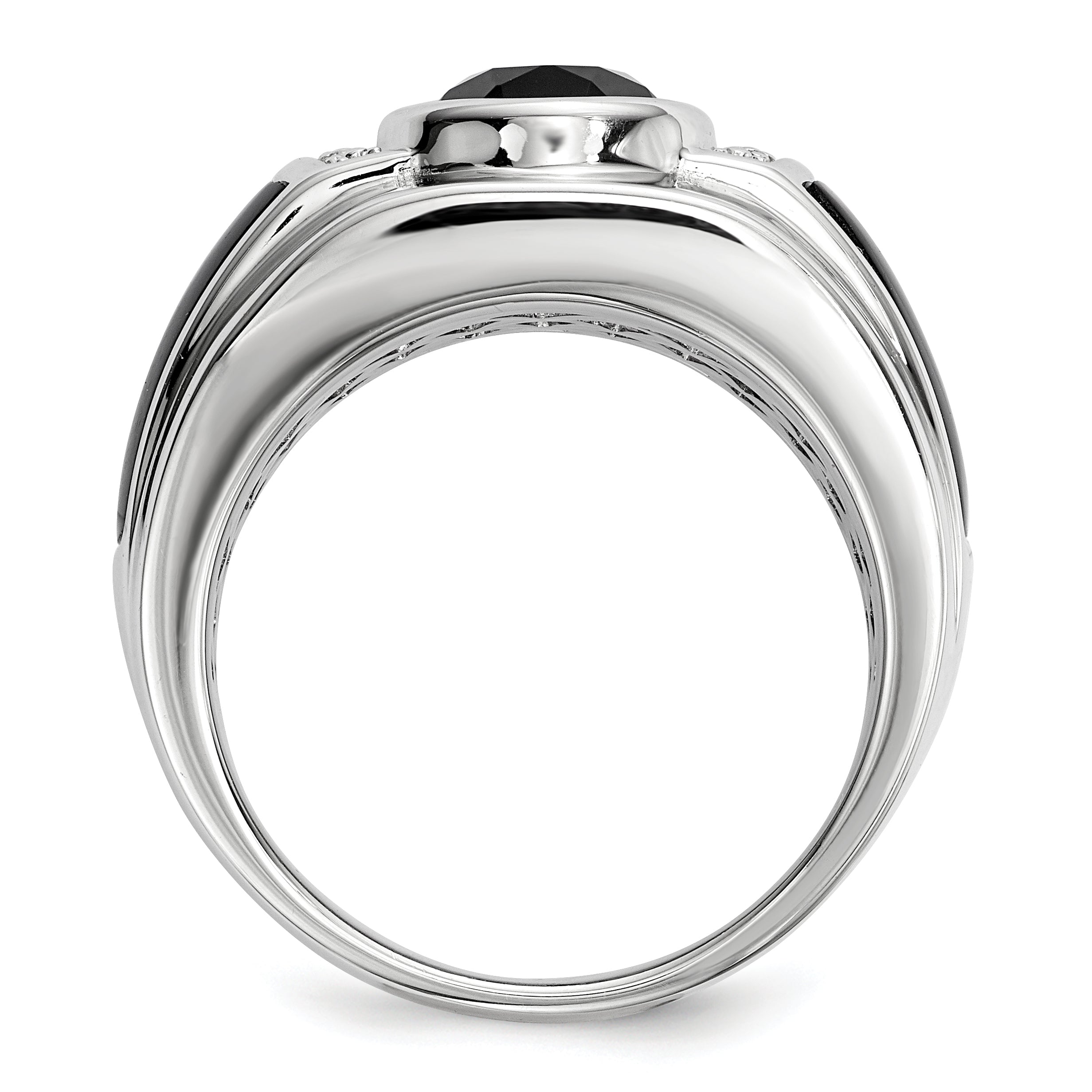Sterling Silver White Night Rhodium Plated Diamond And Onyx Men'S Ring