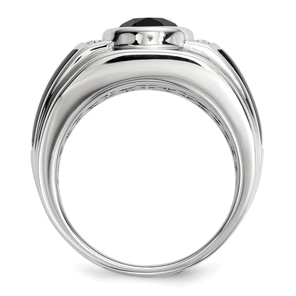 Sterling Silver White Night Rhodium Plated Diamond And Onyx Men'S Ring