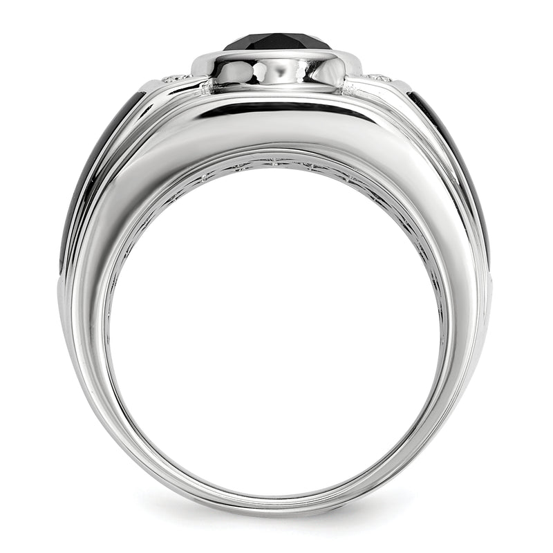 Sterling Silver White Night Rhodium Plated Diamond And Onyx Men'S Ring