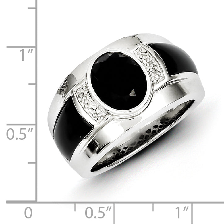 Sterling Silver White Night Rhodium Plated Diamond And Onyx Men'S Ring