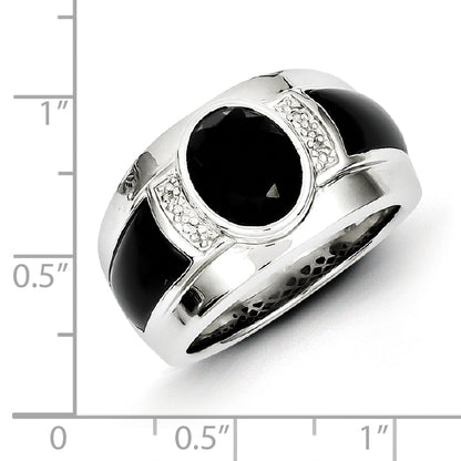 Sterling Silver White Night Rhodium Plated Diamond And Onyx Men'S Ring