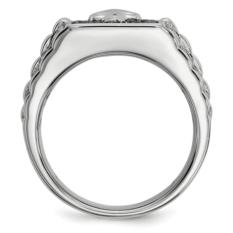 Sterling Silver White Night Rhodium Plated Black Diamond Square Skull Men'S Ring