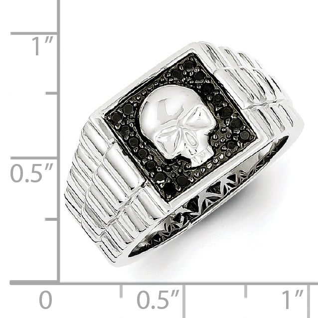Sterling Silver White Night Rhodium Plated Black Diamond Square Skull Men'S Ring