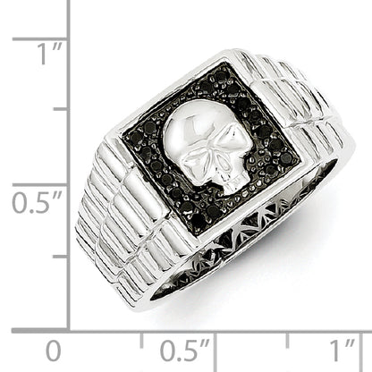 Sterling Silver White Night Rhodium Plated Black Diamond Square Skull Men'S Ring