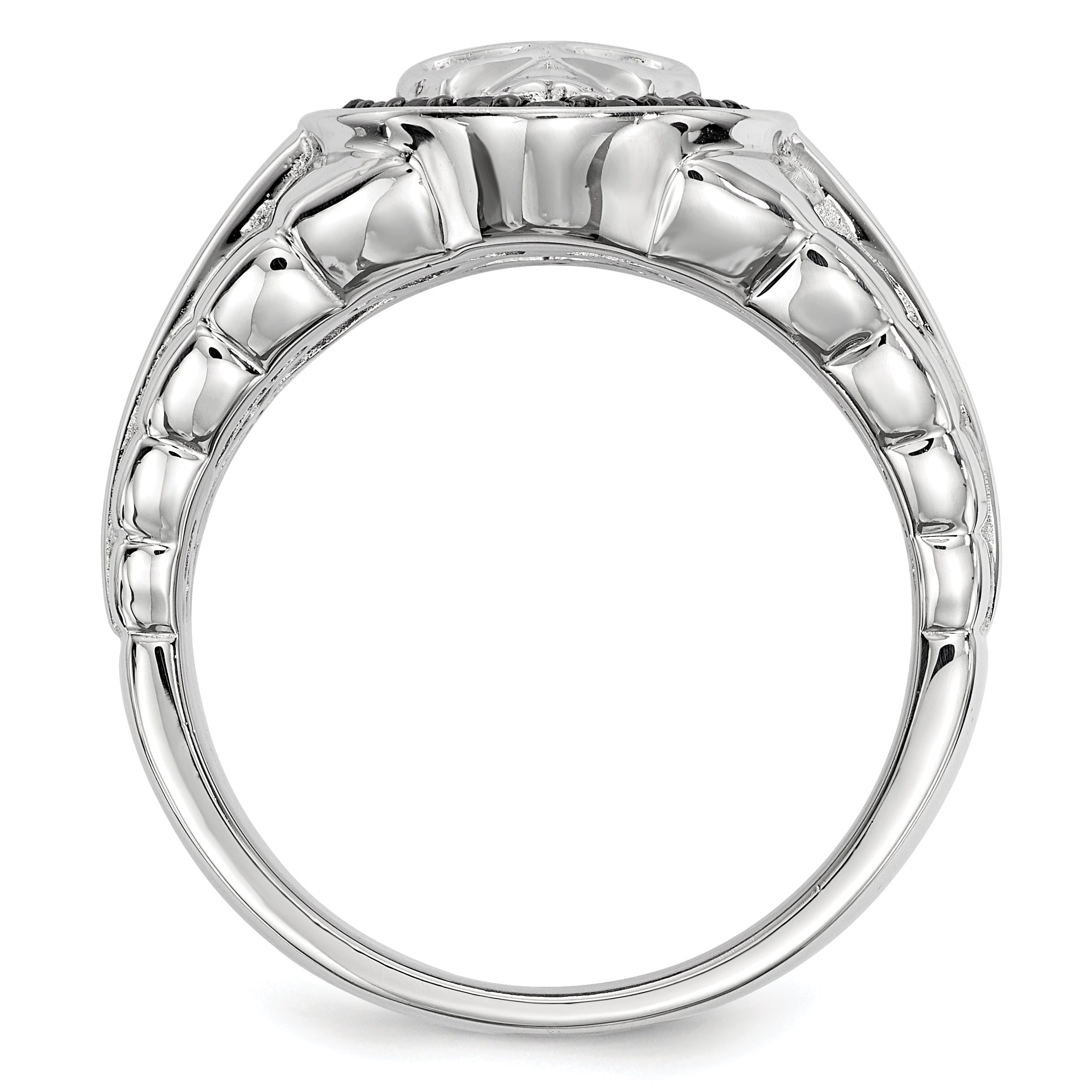 Sterling Silver White Night Rhodium Plated Black Diamond Oval Skull Men'S Ring