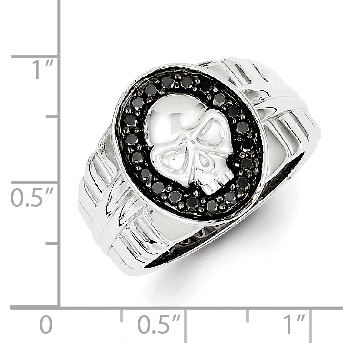 Sterling Silver White Night Rhodium Plated Black Diamond Oval Skull Men'S Ring