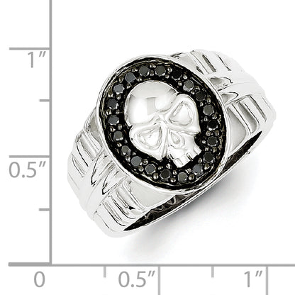 Sterling Silver White Night Rhodium Plated Black Diamond Oval Skull Men'S Ring
