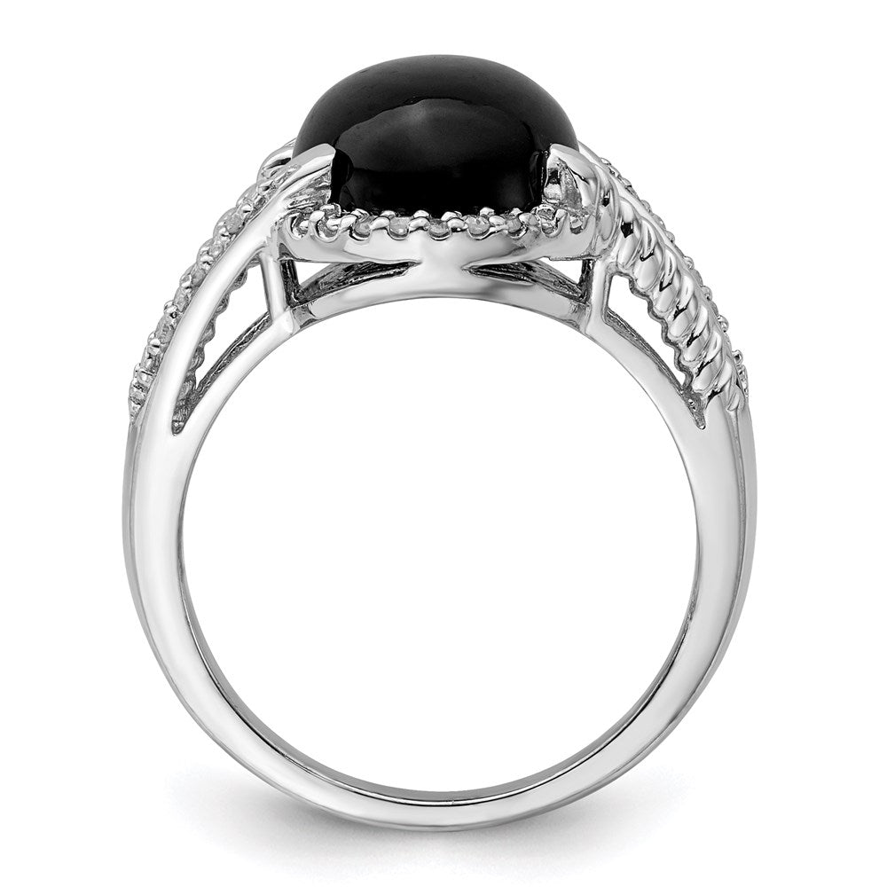 Sterling Silver Rhodium Plated Onyx And Diamond Ring