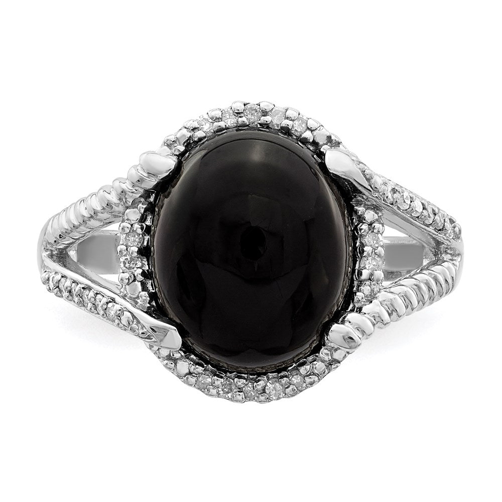 Sterling Silver Rhodium Plated Onyx And Diamond Ring