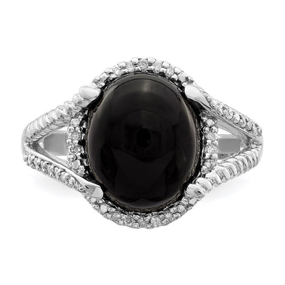 Sterling Silver Rhodium Plated Onyx And Diamond Ring