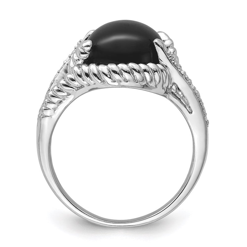 Sterling Silver Rhodium Plated Onyx And Diamond Ring