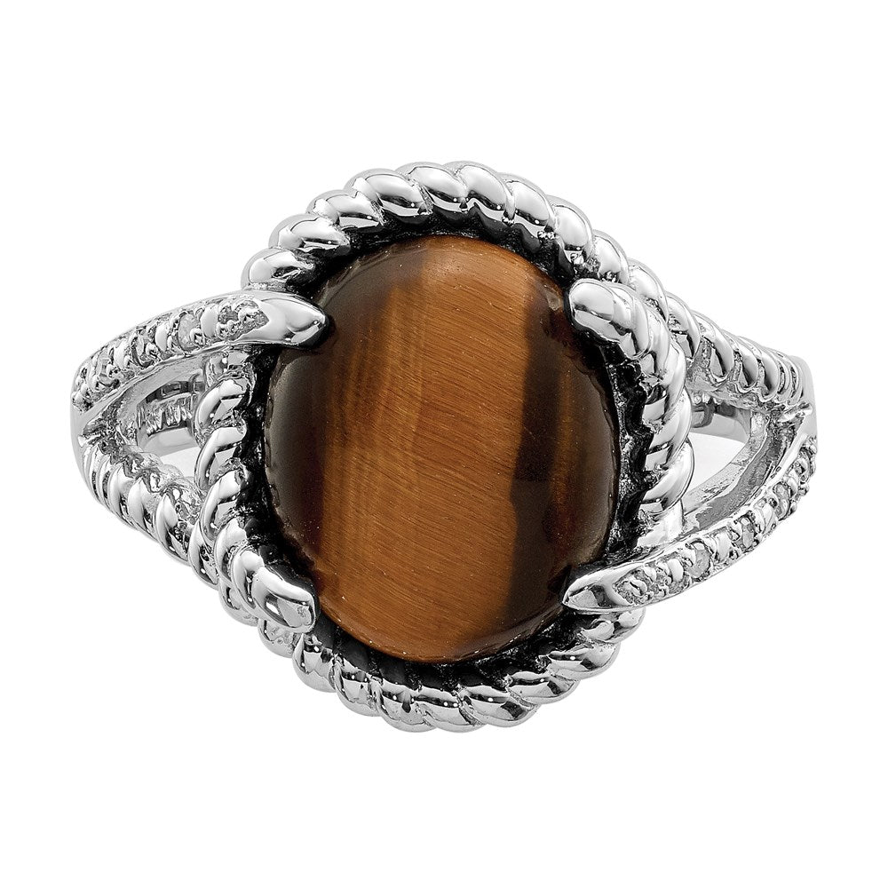 Sterling Silver Rhodium Plated Tigers Eye Quartz And Diamond Ring