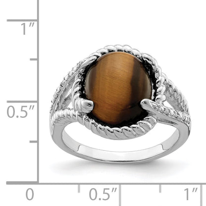 Sterling Silver Rhodium Plated Tigers Eye Quartz And Diamond Ring