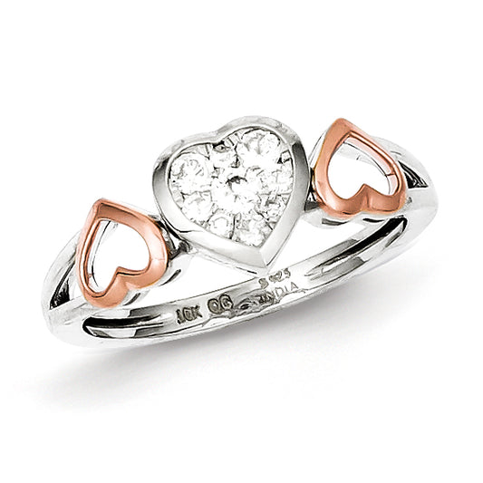 Sterling Silver 14K Rose Plated Diamond Three Heart Ring (Size 8 Only)
