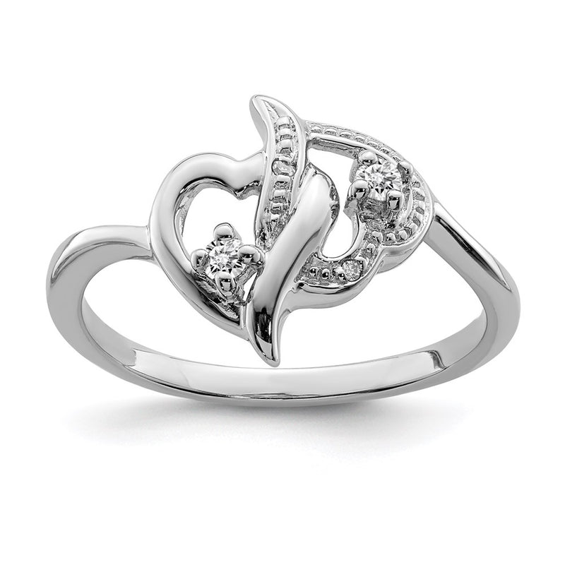 Sterling Silver Rhodium Plated Diamond Double Heart Ring (Size 6 Only)