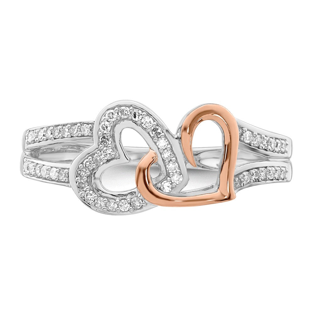 Sterling Silver Rhodium & 14K Rose Gold DiamondS Two Heart Ring (Size 7 Only)