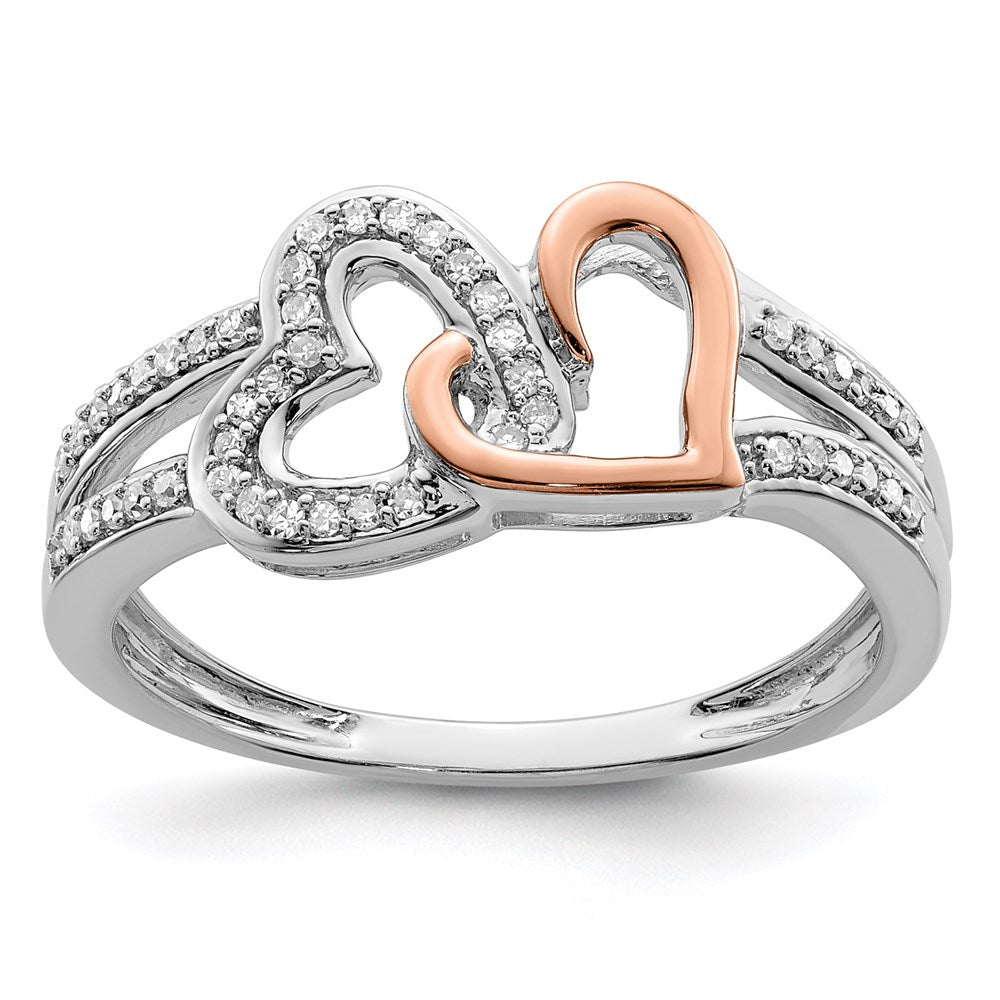 Sterling Silver Rhodium & 14K Rose Gold DiamondS Two Heart Ring (Size 7 Only)