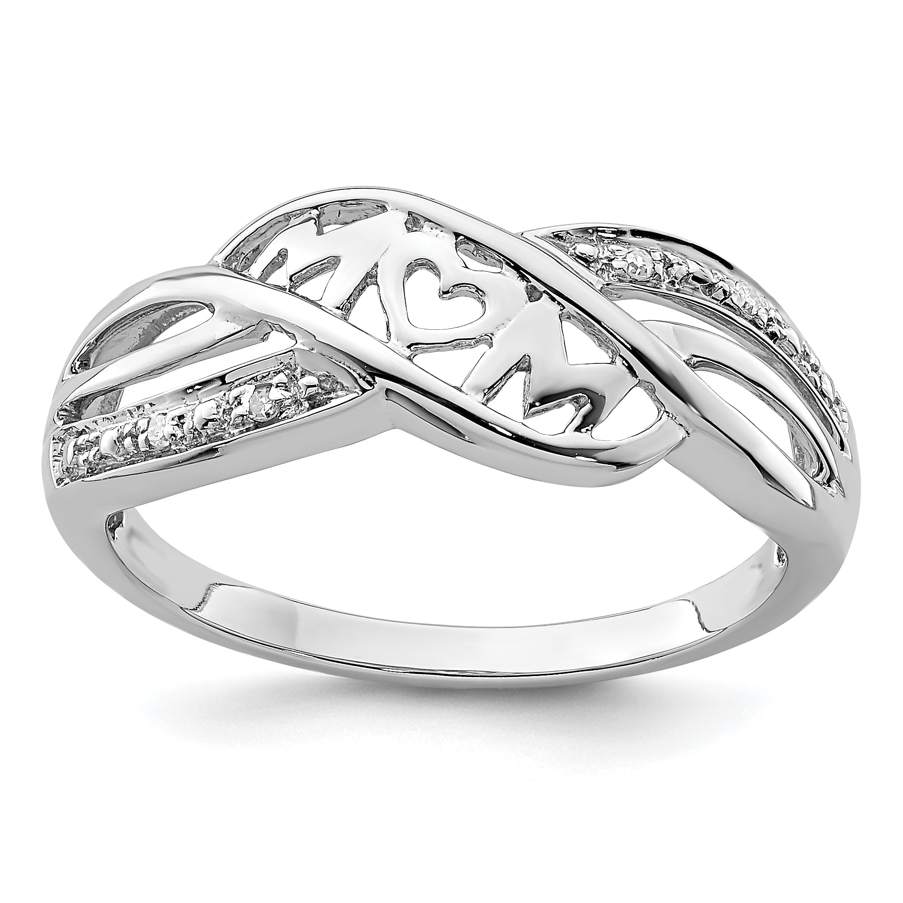 Sterling Silver Rhodium Plated Diamond Heart Mom Ring