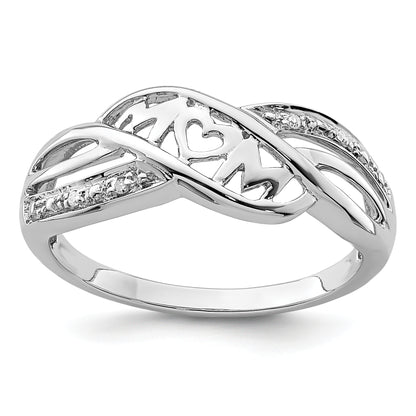 Sterling Silver Rhodium Plated Diamond Heart Mom Ring