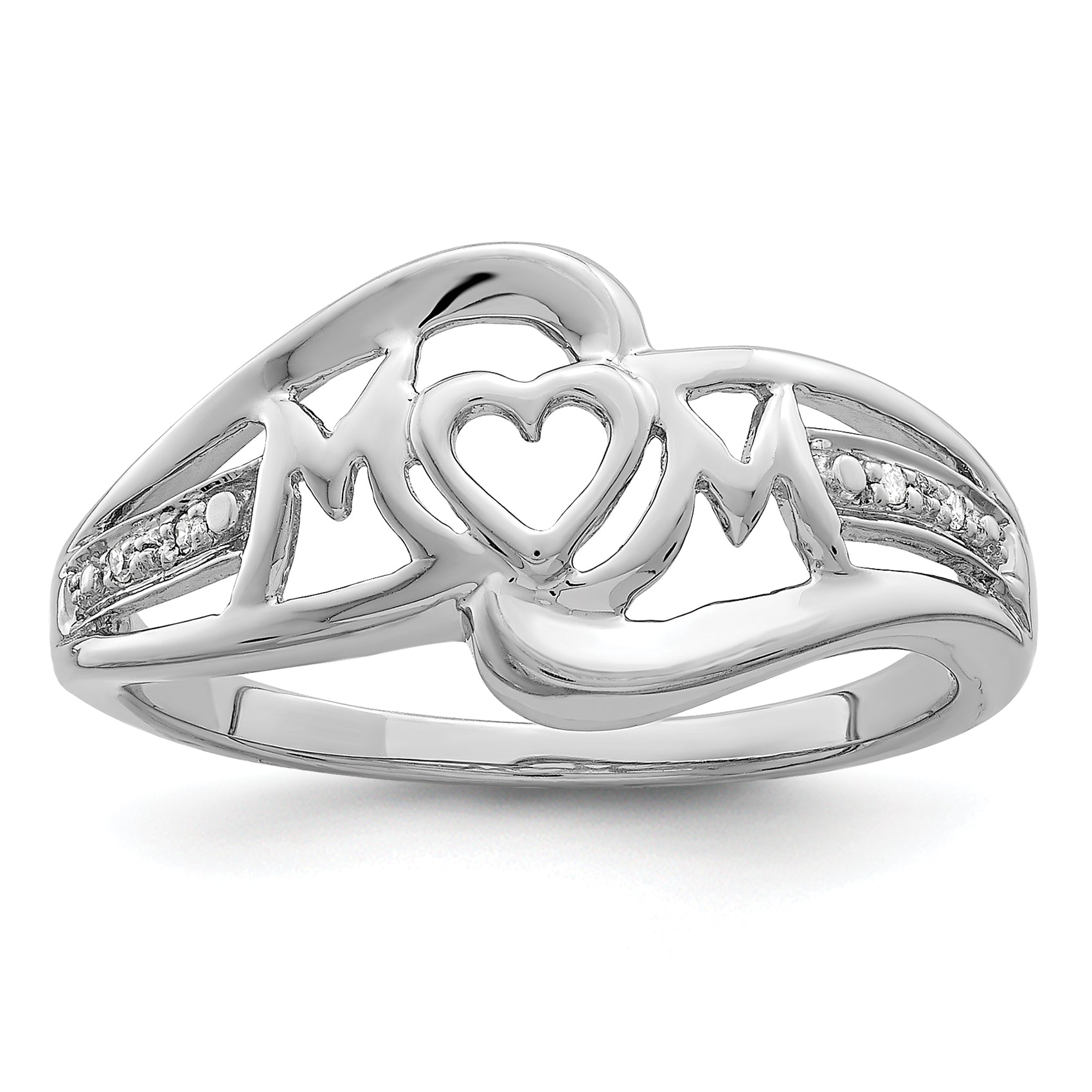 Sterling Silver Rhodium Plated Diamond Heart Mom Ring