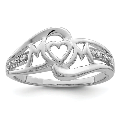 Sterling Silver Rhodium Plated Diamond Heart Mom Ring