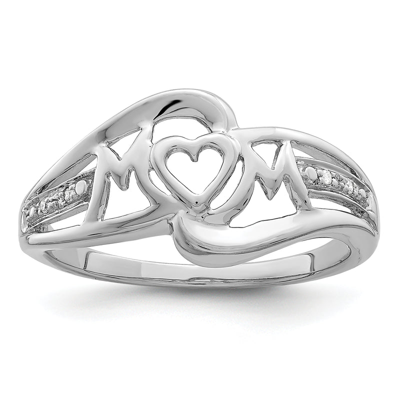 Sterling Silver Rhodium Plated Diamond Heart Mom Ring