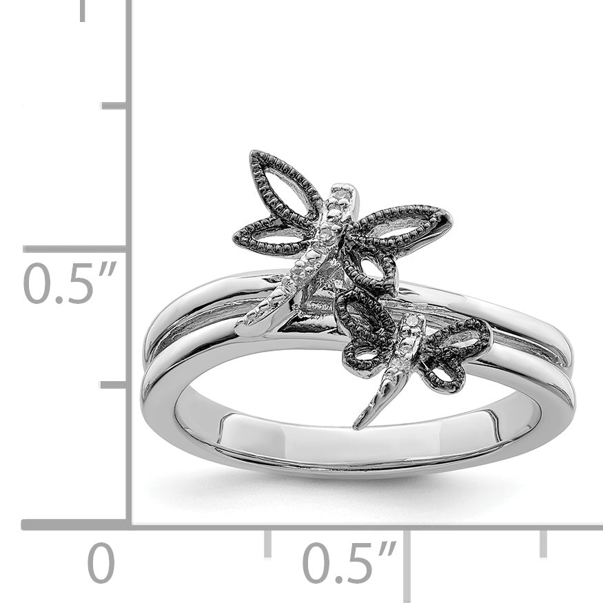Sterling Silver Diamond Rhodium Plated Dragonfly Ring