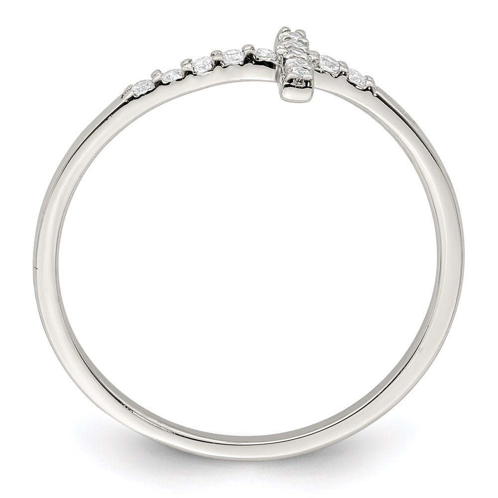Sterling Silver Rhodium Plated Cz Sideways Cross Ring