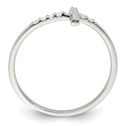 Sterling Silver Rhodium Plated Cz Sideways Cross Ring