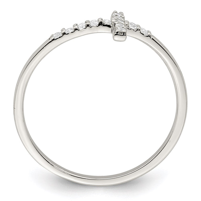 Sterling Silver Rhodium Plated Cz Sideways Cross Ring