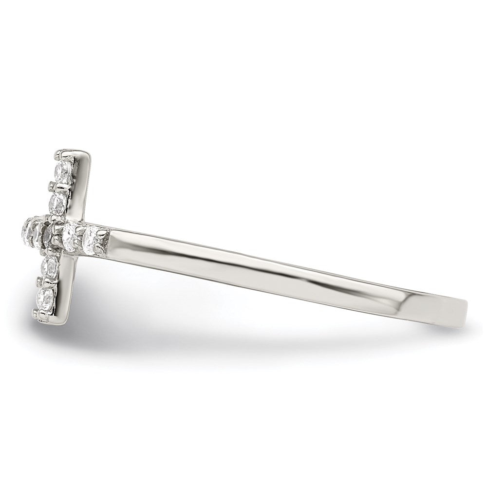 Sterling Silver Rhodium Plated Cz Sideways Cross Ring