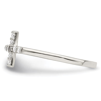 Sterling Silver Rhodium Plated Cz Sideways Cross Ring