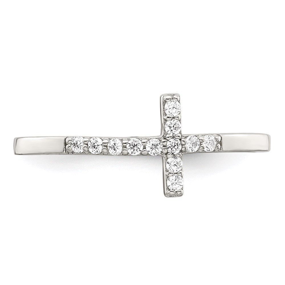 Sterling Silver Rhodium Plated Cz Sideways Cross Ring