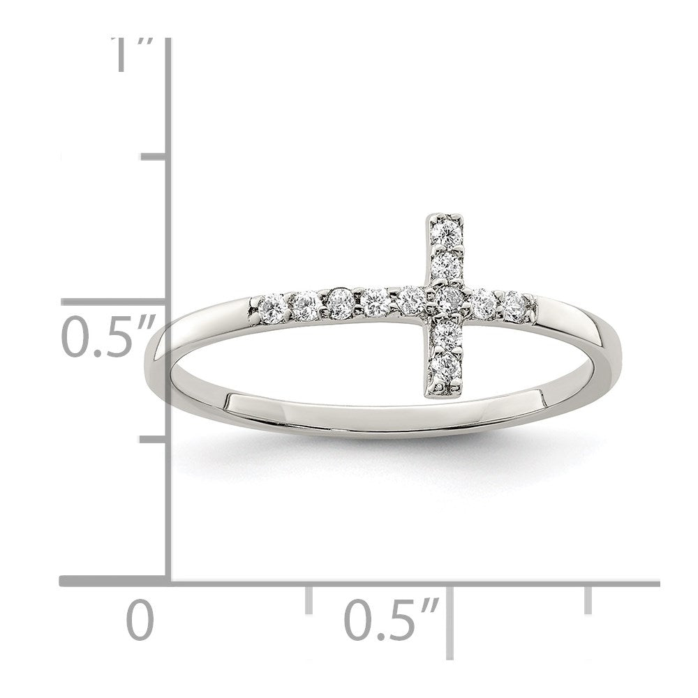 Sterling Silver Rhodium Plated Cz Sideways Cross Ring
