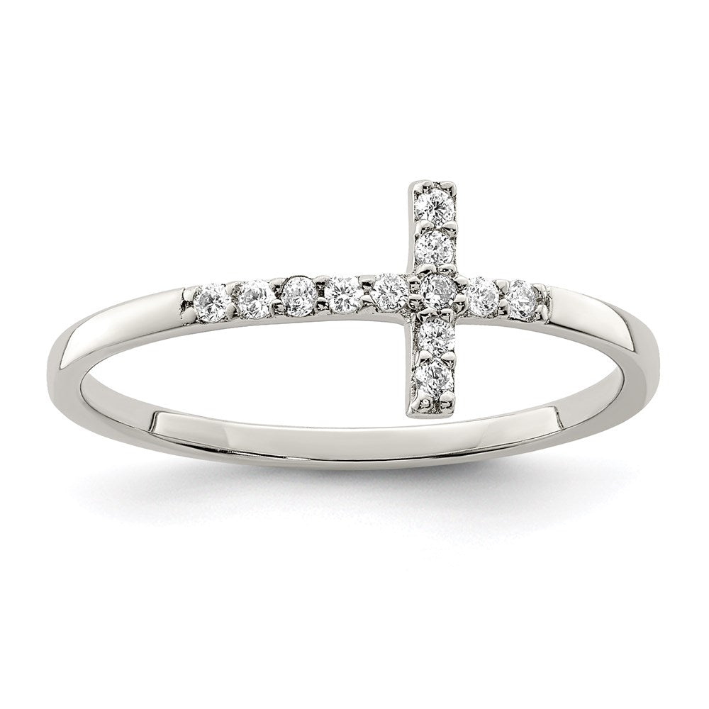 Sterling Silver Rhodium Plated Cz Sideways Cross Ring